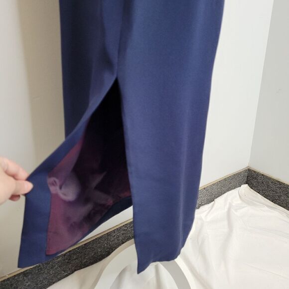 VINTAGE 90s Scaasi navy blue‎ off shoulder wiggle midi dress S - Picture 5 of 11